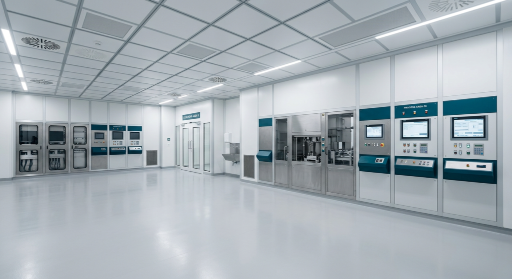 Sistema de automação de válvula sanitária Sterivalves com atuador pneumático e proteção SteriBox IP65 em planta farmacêutica